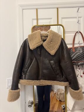 Zara Dark Brown Shearling Trim Leather Jacket